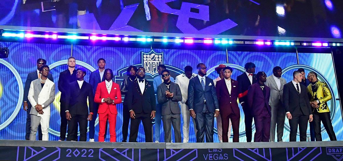 Apr 28, 2022; Las Vegas, NV, USA; The draft prospects take the stage before the first round of the 2022 NFL Draft at the NFL Draft Theater. Mandatory Credit: Gary Vasquez-USA TODAY Sports