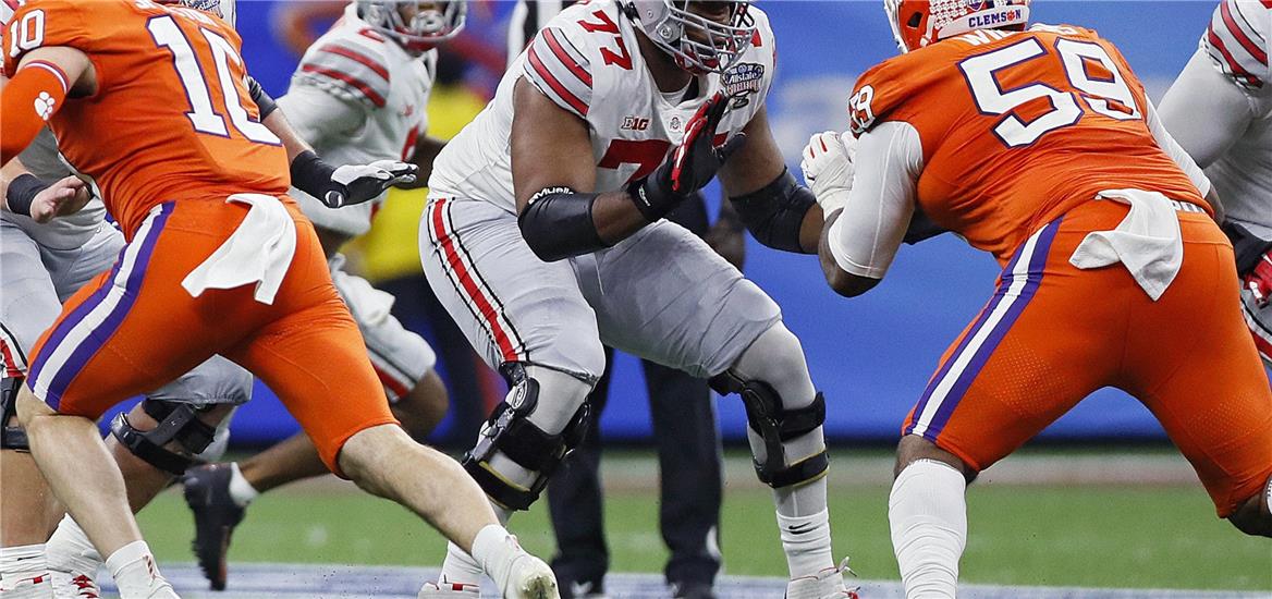 Ohio State Buckeyes offensive lineman Paris Johnson Jr. (77) blocks Clemson Tigers defensive tackle Jordan Williams (59) during the College Football Playoff semifinal at the Allstate Sugar Bowl in the Mercedes-Benz Superdome in New Orleans on Friday, Jan. 1, 2021. College Football Playoff Ohio State Faces Clemson In Sugar Bowl Kyle Robertson/Columbus Dispatch / USA TODAY NETWORK

                    